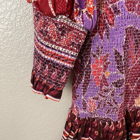 Farm Rio Dress Womens Large Purple Sweet Floral Mini Smocked Puff Sleeve‎ Boho - Picture 8 of 15